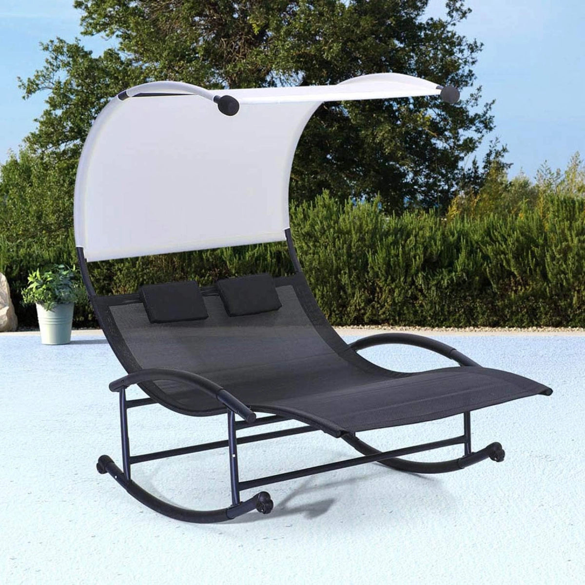 Transat Double avec Auvent Noir et ¨¦cru - Confort Ext¨¦rieur Elegance