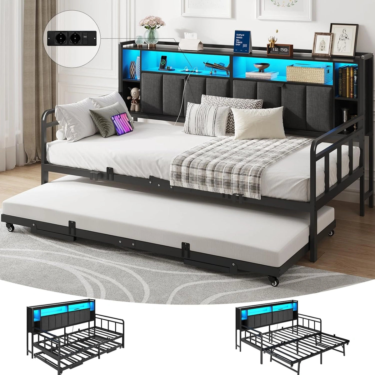 Canap¨¦ Lit Gigogne 90x200 cm avec Rangement et ¨¦clairage LED - Noir