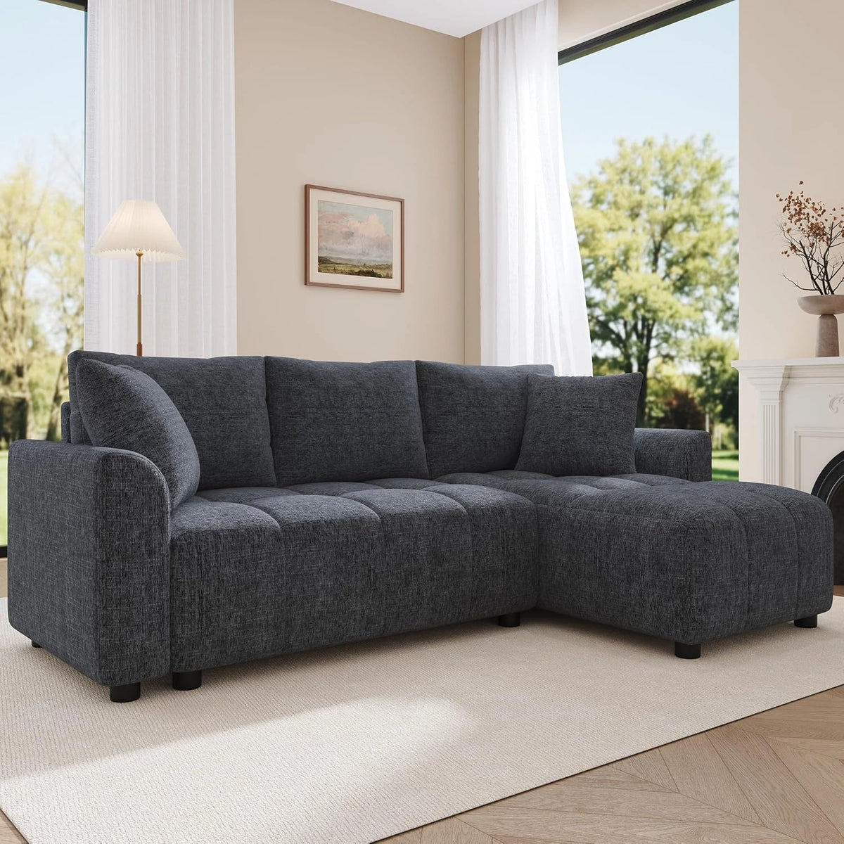 Canap¨¦ d'angle convertible en L moderne avec m¨¦ridienne et coussins, 3 places en chenille pour salon et chambre (Gris)