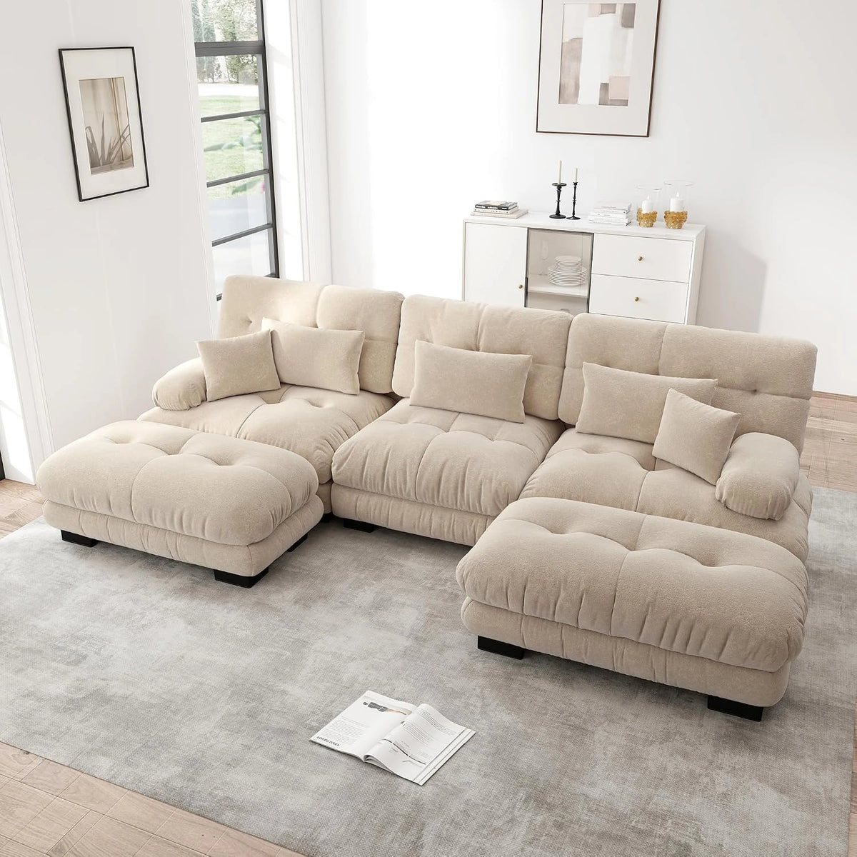 Canap¨¦ d'Angle Modulable 3 Places avec Poufs et Coussins, Structure en Bois Massif, Tissu Chenille, Forme U ou L Adaptable pour Salon, 313cm