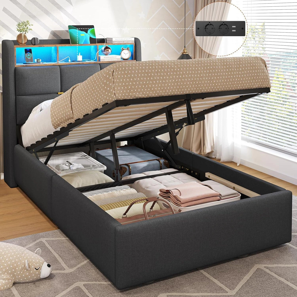Lit Coffre Enfant 90x200 avec LED et Prise, Rangement et T¨ºte de Lit en Lin Gris