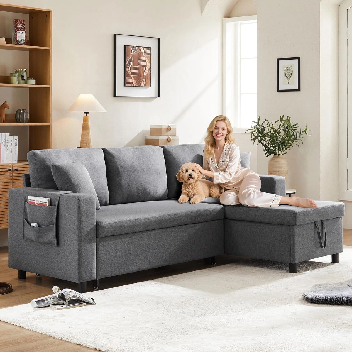 Sofa Convertible en Lit 3 Places Gris Fonc¨¦ avec Rangement et Chaise Longue