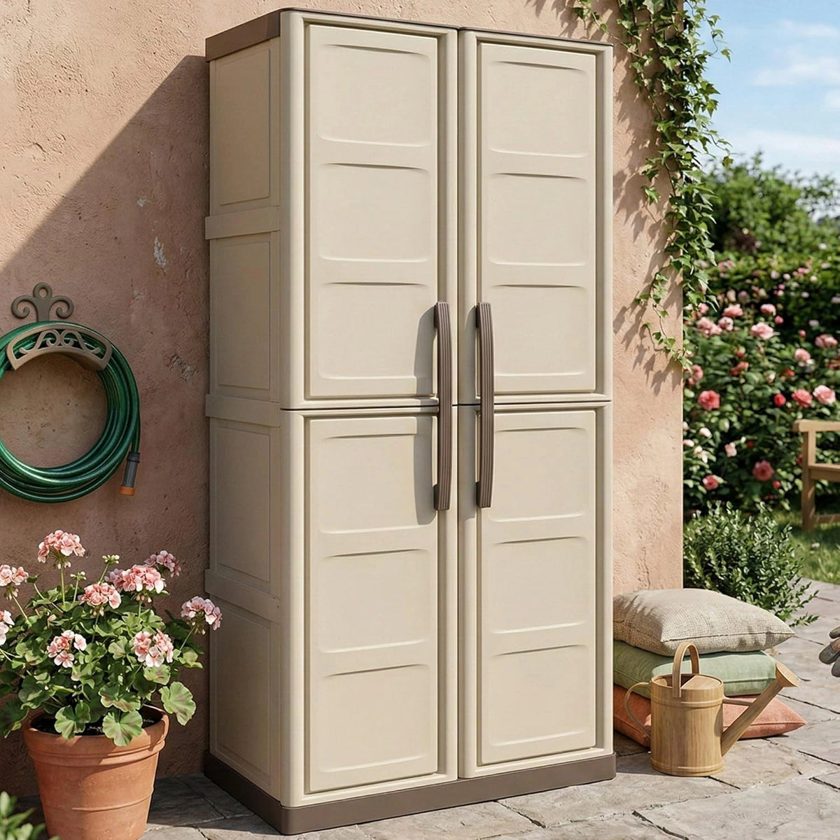 Armoire de Balcon Polyvalente, 2 Portes, Fabrication Italienne, Beige/Marron, 70x39x165 cm
