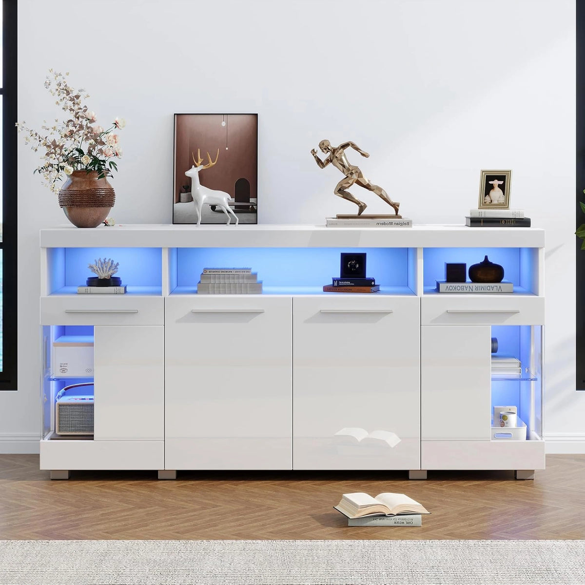 Meuble de Rangement Blanc avec LED et Verre Tremp¨¦, 3 Compartiments 140x40x70 cm