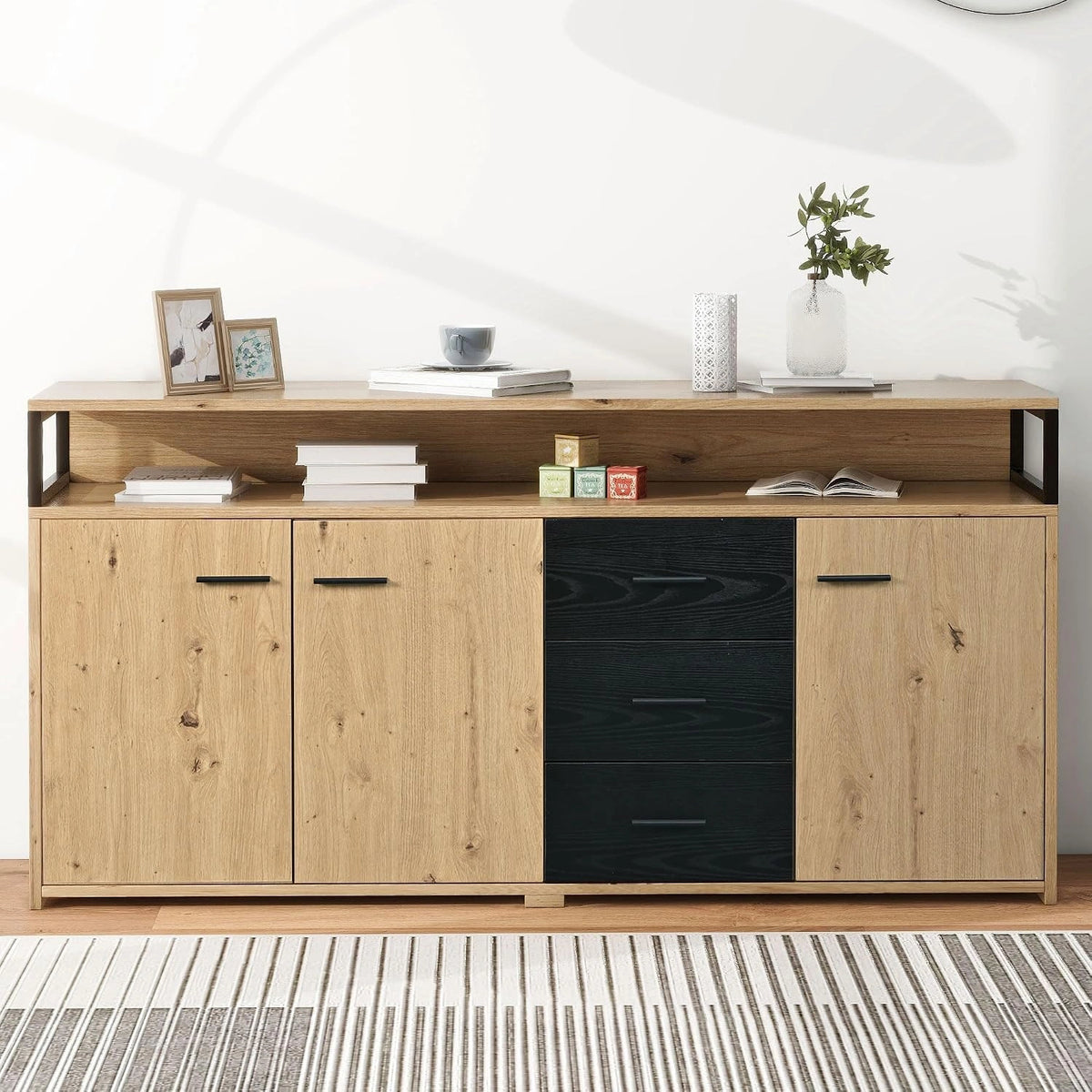 Armoire de Salon en Bois Noir avec 3 Portes et 3 Tiroirs, Poign¨¦es M¨¦talliques, 150x35x76cm