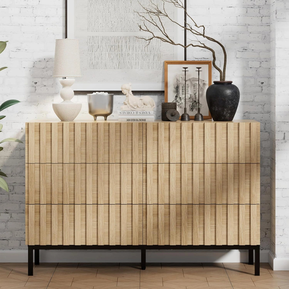 Commode en Bois ¨¤ 6 Tiroirs avec Pieds en M¨¦tal pour Salon et Chambre, 100x34,5x73,4 cm