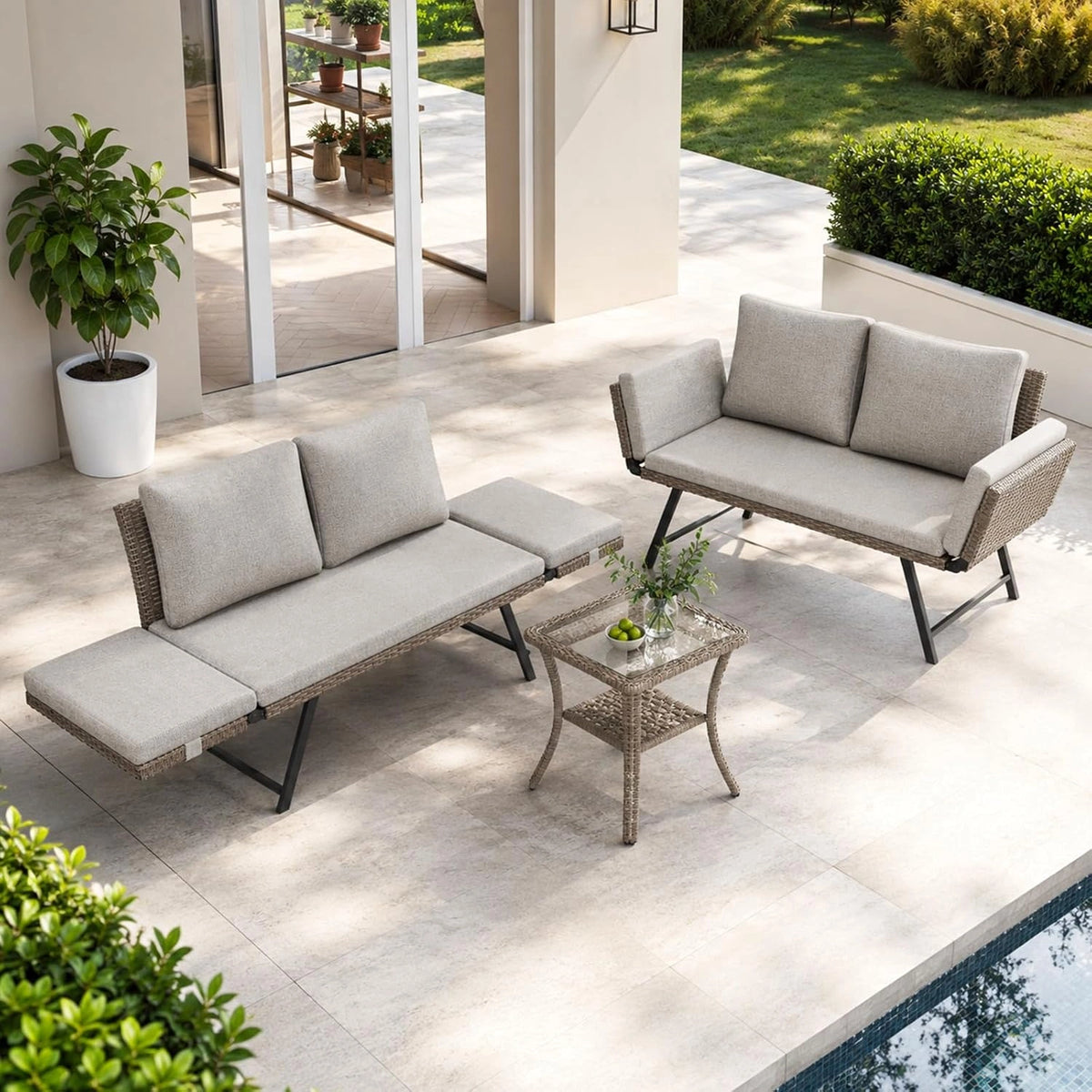 Ensemble de Salon de Jardin en Rotin Beige pour Terrasse - Canap¨¦s, Table Basse, Accoudoirs R¨¦glables, Coussins Lavables