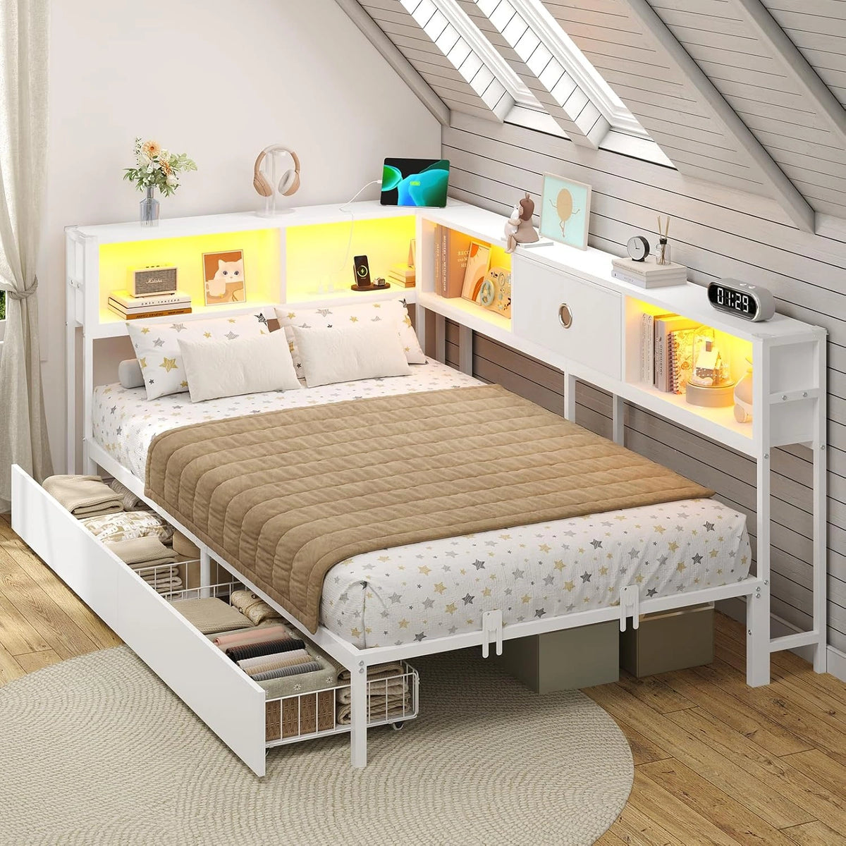 Lit Banquette 90x200 avec LED et Rangement, Structure M¨¦tal, Blanc