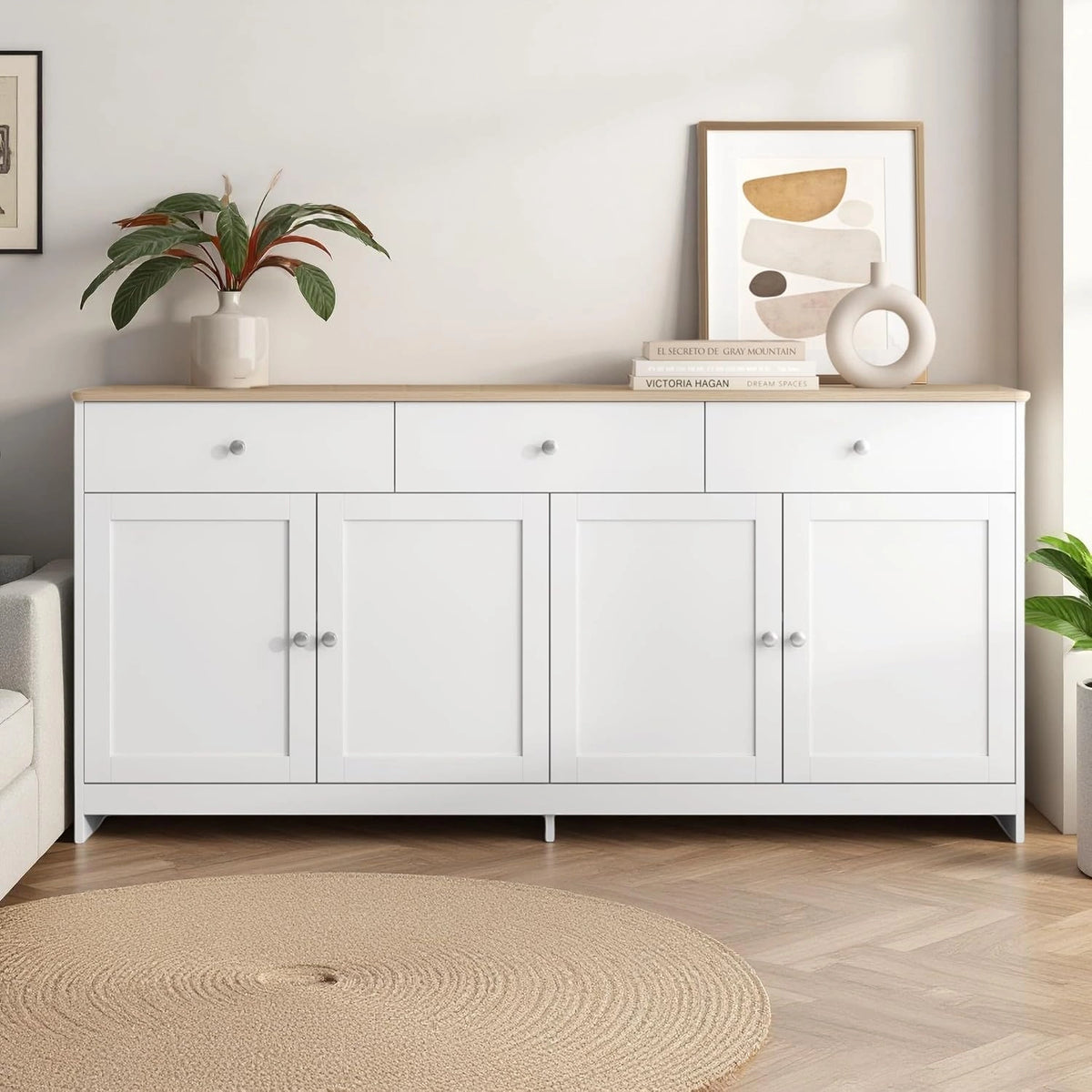 Buffet Moderne en Bois et Blanc, 160 cm, 4 Portes, 3 Tiroirs, pour Salon et Cuisine