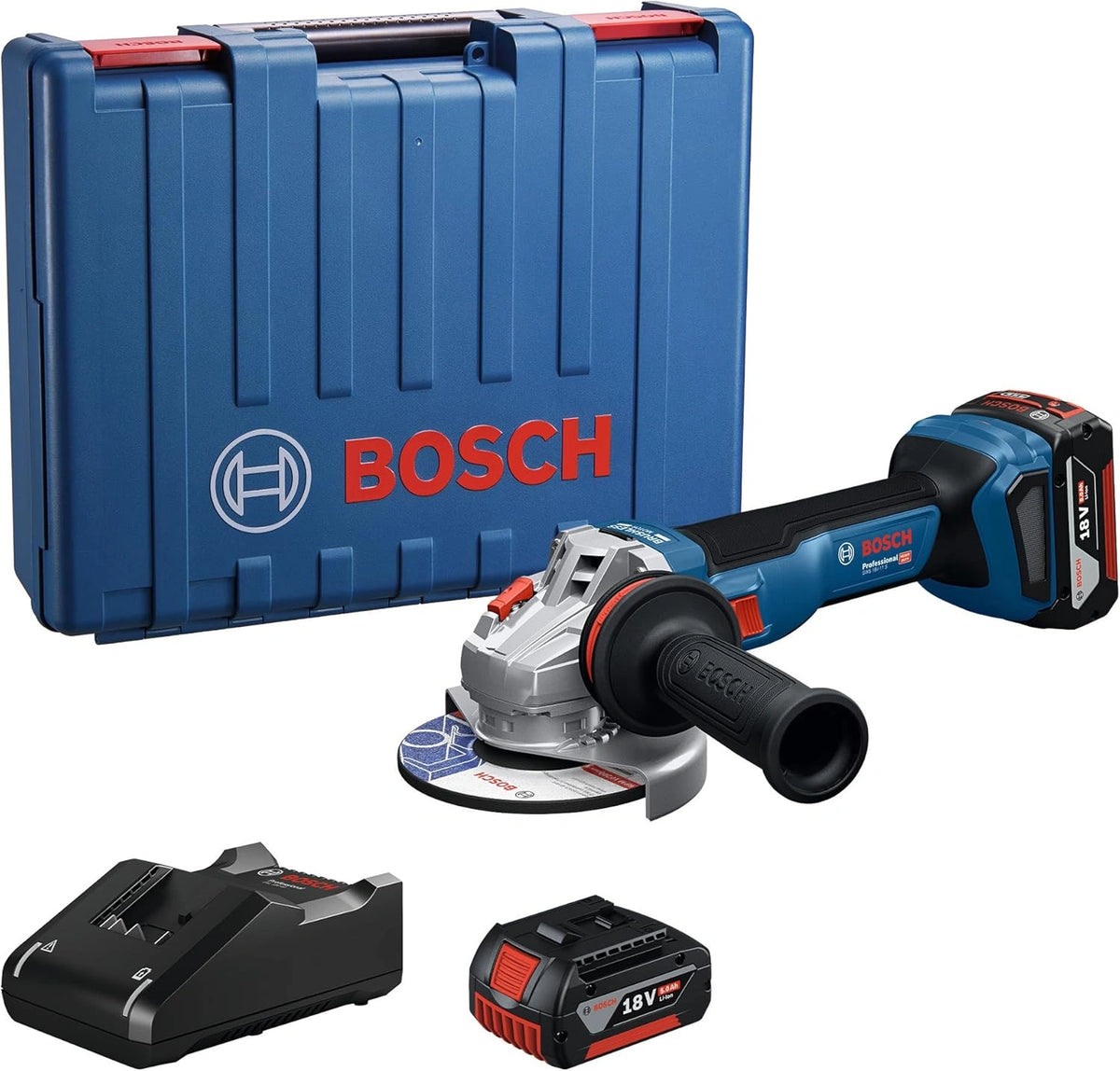 Meuleuse angulaire sans fil Bosch 18V avec batteries et chargeur, disque 125 mm