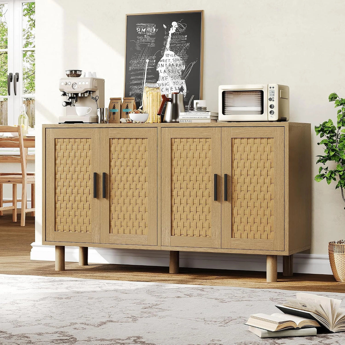 Buffet Moderne en Bois Naturel avec Cannage et ¨¦tag¨¨res R¨¦glables, Meuble de Rangement 4 Portes pour Salon et Salle ¨¤ Manger