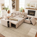 Canap¨¦ d'angle en L avec ports USB, liseuse et fonction lit, 5 places avec tabouret de rangement, table basse pliante et coussins, Beige en tissu lin