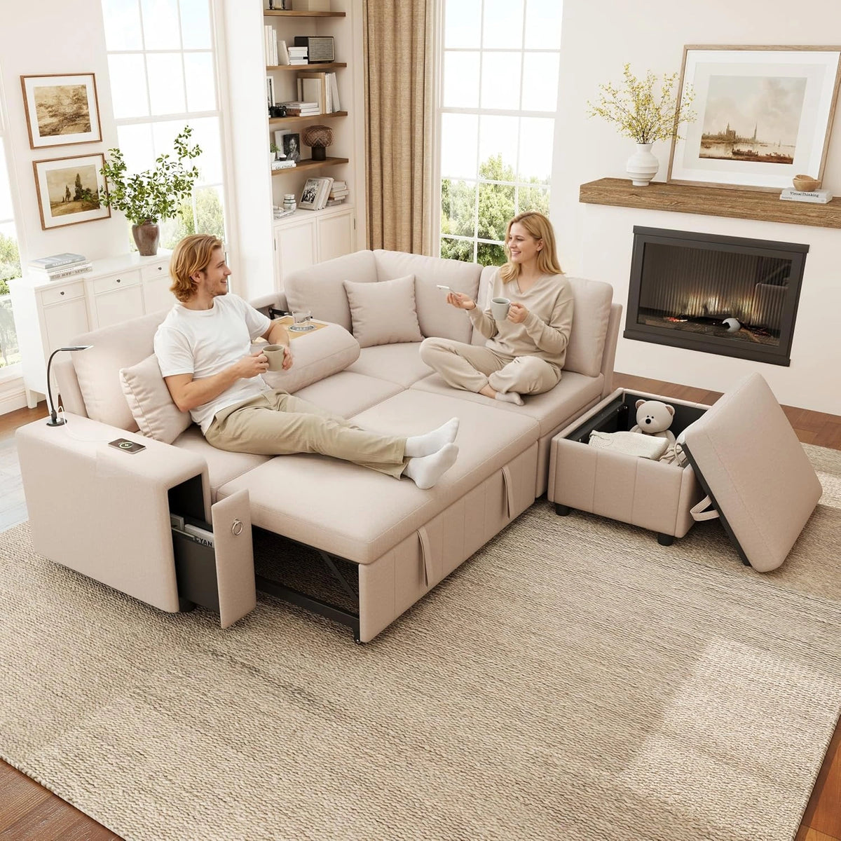 Canap¨¦ d'angle en L avec ports USB, liseuse et fonction lit, 5 places avec tabouret de rangement, table basse pliante et coussins, Beige en tissu lin