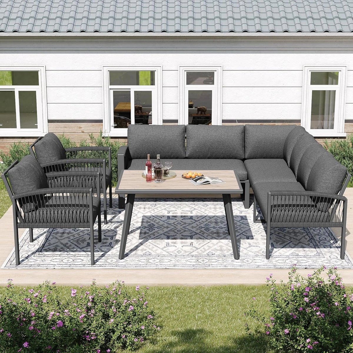 Ensemble de Mobilier de Jardin pour 8 Personnes avec Coussins - Gris
