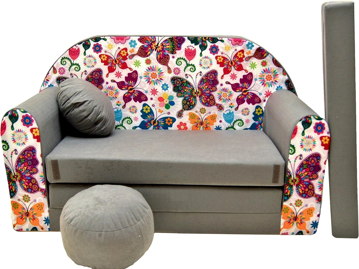 Canap¨¦-Lit Enfant avec Matelas Amovible et Pouf, 98x168x59 cm, Gris Papillons